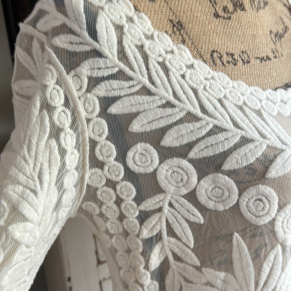 Anthro Meadow Rue cream Lace Grace long sleeve sheer shirt scoop neck scallops - Picture 4 of 16